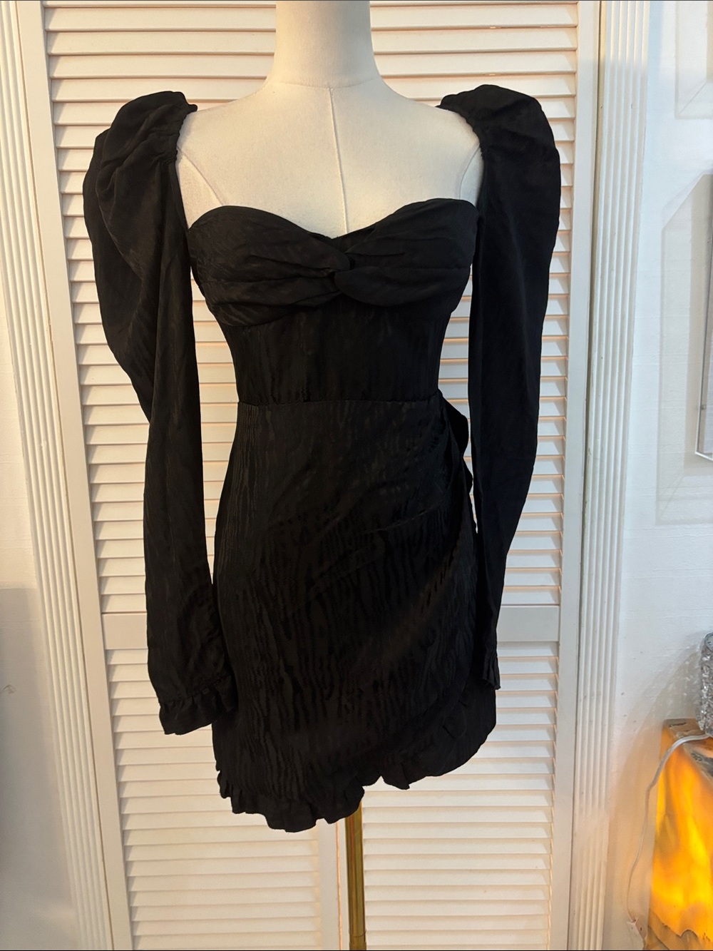 Alessandra Rich Black Puff-Sleeve Long-Sleeve Mini Dress, US2